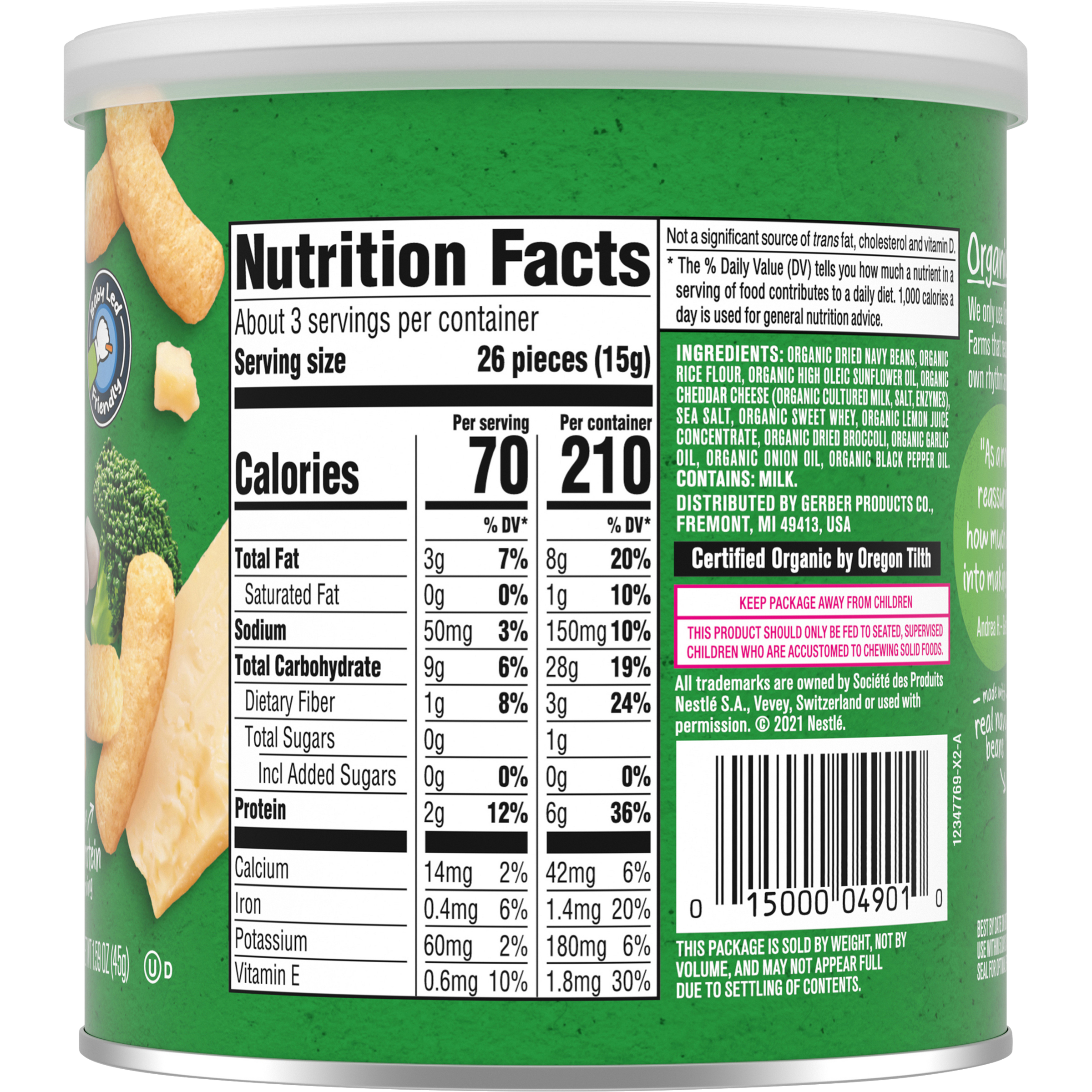 Gerber Organic Lil' Crunchies White Cheddar Broccoli for Toddler 12+ Months - 45g