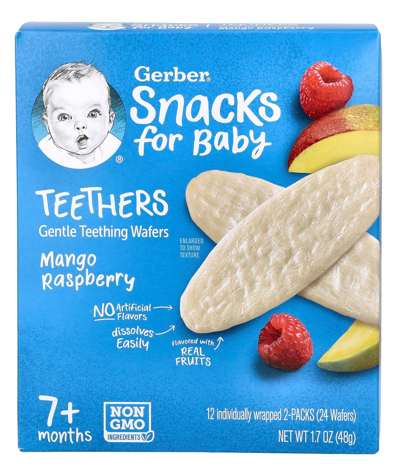 Gerber Snacks for Baby Teethers Gentle Teething Wafers - Mango Raspberry | 7+ Months | Non-GMO | 12 Individually Wrapped 2-Packs | 24 Wafers | 48g - MINIMEE KIDS
