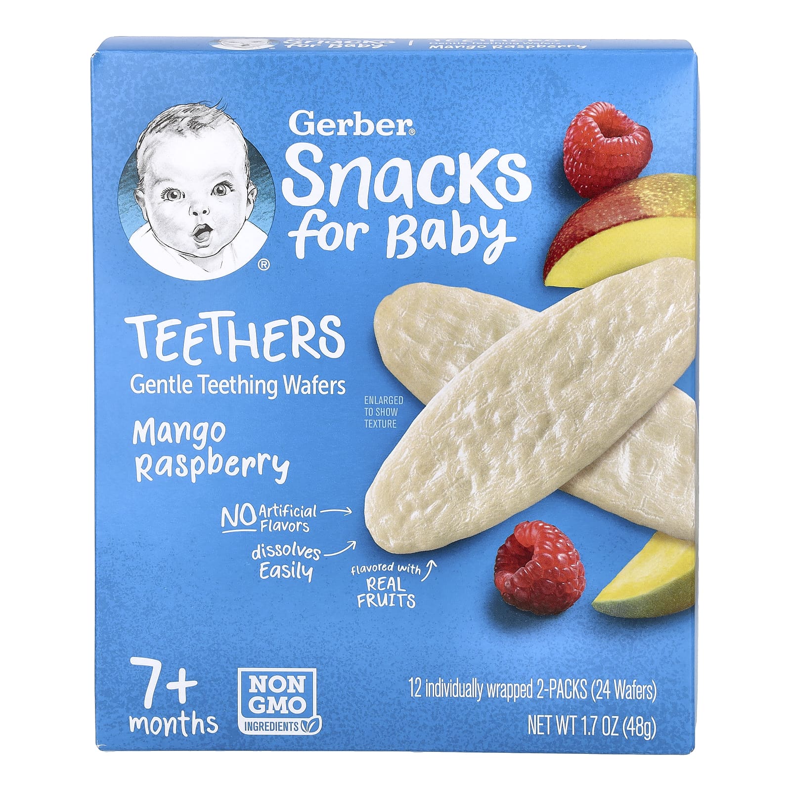 Gerber Snacks for Baby Teethers Gentle Teething Wafers - Mango Raspberry | 7+ Months | Non-GMO | 12 Individually Wrapped 2-Packs | 24 Wafers | 48g