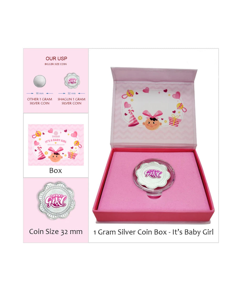 Shagun 1 Gram Silver Coin Gift Box for Newborn/Justborn | 990 Hallmarked | Large 32mm Design | Choose Baby Boy or Baby Girl Variant