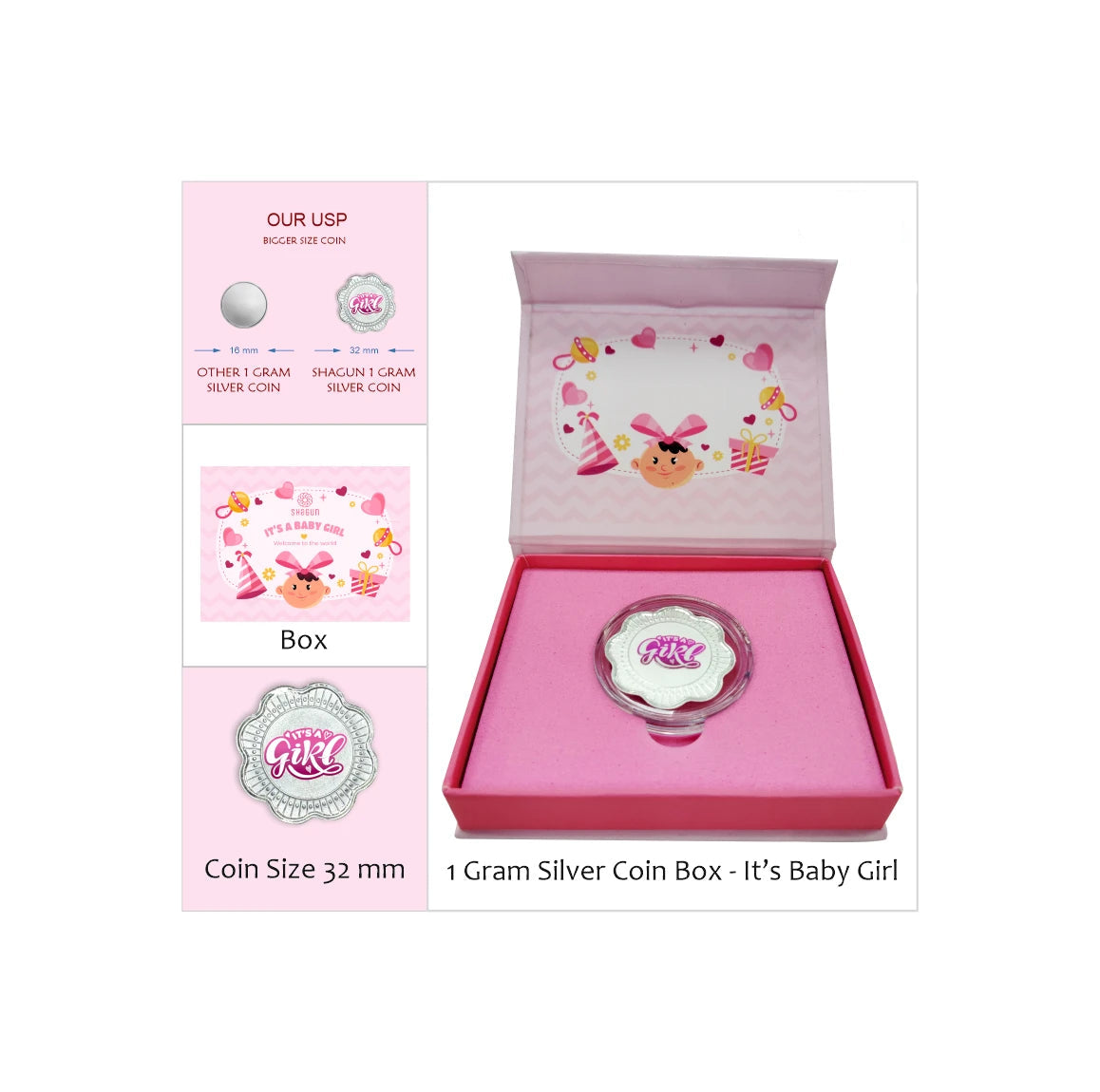 Shagun 1 Gram Silver Coin Gift Box for Newborn/Justborn | 990 Hallmarked | Large 32mm Design | Choose Baby Boy or Baby Girl Variant