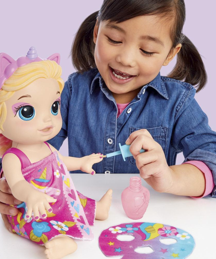 Hasbro Baby Alive Glam Spa Baby Doll - Unicorn Color Reveal Nails & Makeup, 12.8-Inch Waterplay Toy for Kids 3+, Blonde Hair - MINIMEE KIDS