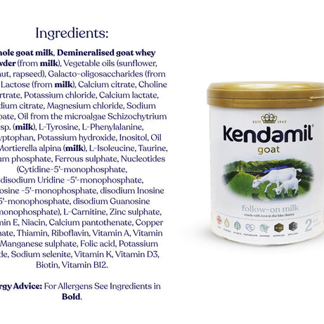 Kendamil Goat Follow-On Milk (Stage 2) | Gentle A2 Goat Milk Formula for Growing Babies (6-12 Months) | Palm Oil-Free & Vegetarian-Friendly | 800g, UK Made