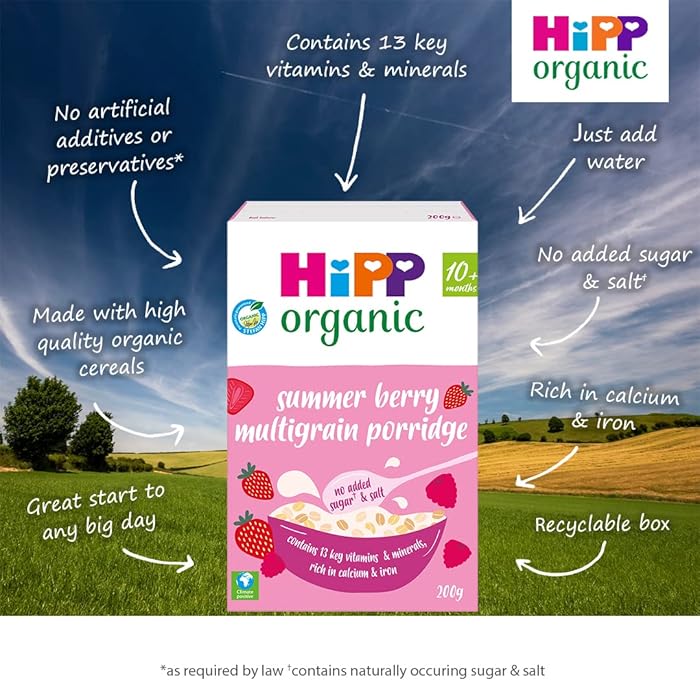 HiPP Organic Summer Berry Multigrain Porridge Baby Cereal for 10+ Months | 200g | Made in UK