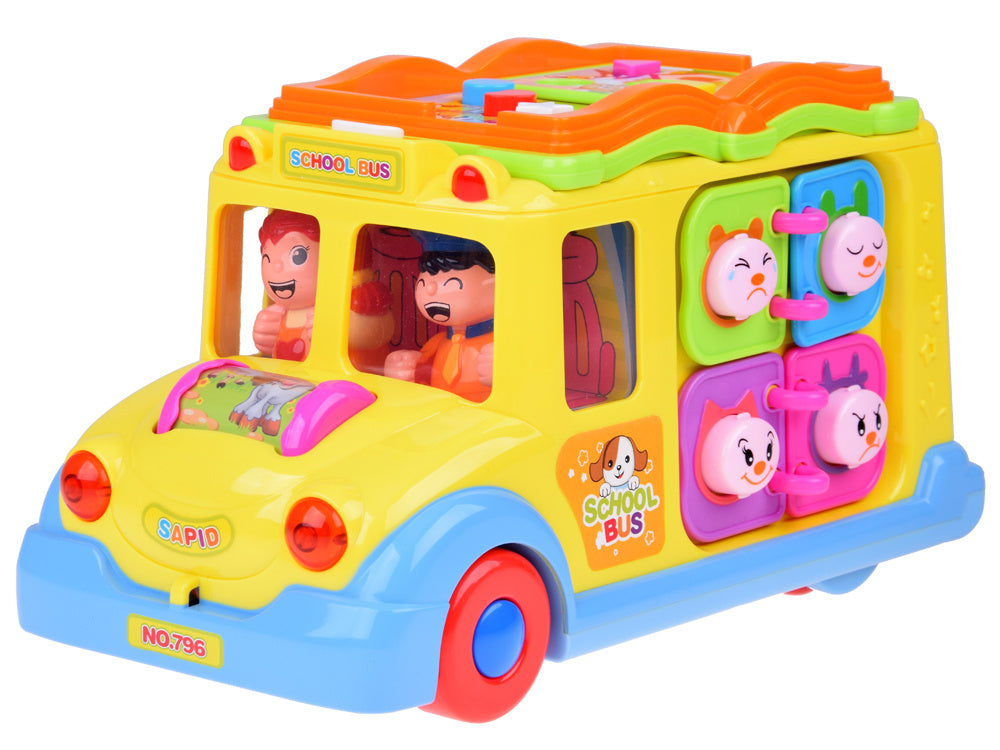 Hola Keep Me Busy School Bus Toy – Interactive Musical Light & Sound Bus with Puzzle Doors, Animal Sounds & Obstacle Avoidance | Early Learning Toy for Toddlers 12M+ | Model No. 796 | Multi-Sensory Play & Cognitive Development