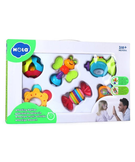 Hola Toys 6-Piece Baby Rattle Set | Sensory & Educational Development Toy for Infants | BPA-Free Colorful Rattles with Sounds, Textures & Shapes for Babies 3+ Months | Print & Color May Vary - MINIMEE KIDS