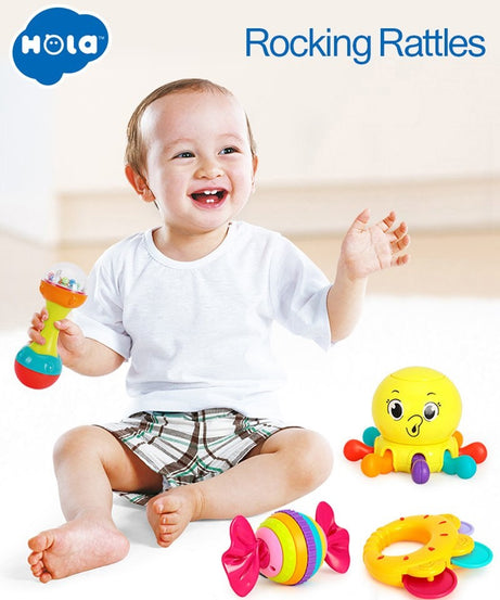 Hola Toys 6-Piece Baby Rattle Set | Sensory & Educational Development Toy for Infants | BPA-Free Colorful Rattles with Sounds, Textures & Shapes for Babies 3+ Months | Print & Color May Vary - MINIMEE KIDS