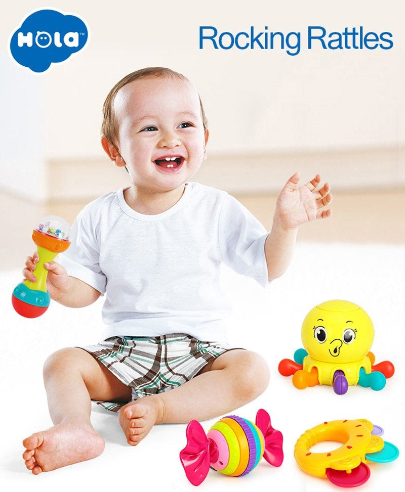 Hola Toys 6-Piece Baby Rattle Set | Sensory & Educational Development Toy for Infants | BPA-Free Colorful Rattles with Sounds, Textures & Shapes for Babies 3+ Months | Print & Color May Vary