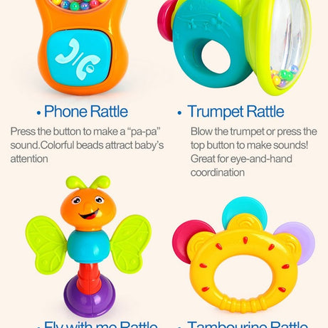 Hola Toys 6-Piece Baby Rattle Set | Sensory & Educational Development Toy for Infants | BPA-Free Colorful Rattles with Sounds, Textures & Shapes for Babies 3+ Months | Print & Color May Vary