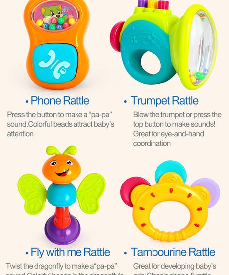 Hola Toys 6-Piece Baby Rattle Set | Sensory & Educational Development Toy for Infants | BPA-Free Colorful Rattles with Sounds, Textures & Shapes for Babies 3+ Months | Print & Color May Vary - MINIMEE KIDS