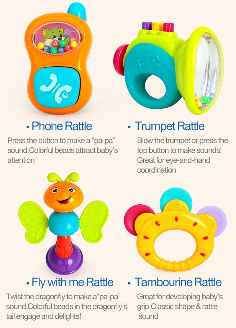 Hola Toys 6-Piece Baby Rattle Set | Sensory & Educational Development Toy for Infants | BPA-Free Colorful Rattles with Sounds, Textures & Shapes for Babies 3+ Months | Print & Color May Vary