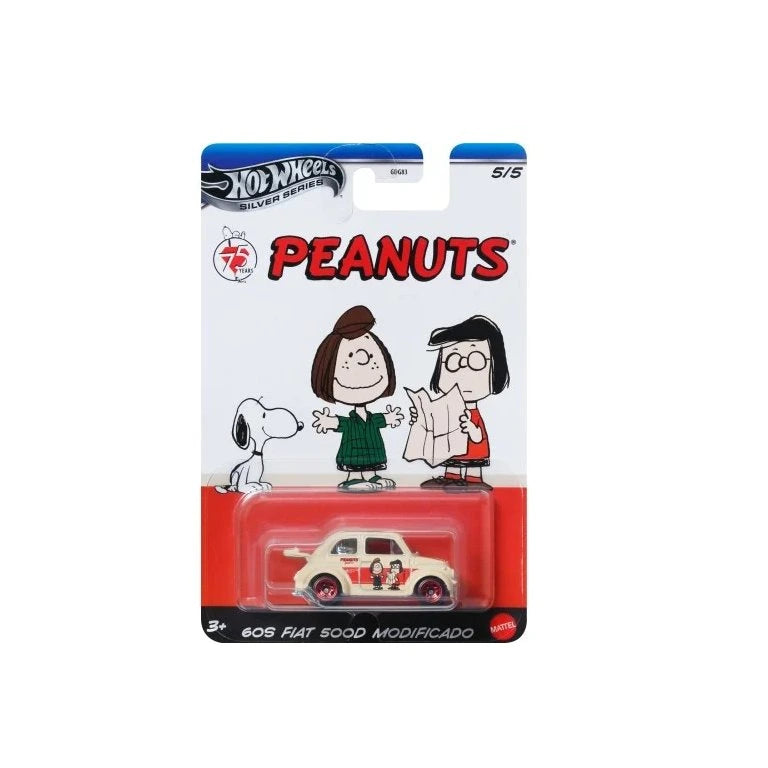 Hot Wheels Silver Series '60s Fiat 500D Modificado | Peanuts 75th Anniversary Edition (5/5) | 1:64 Scale Die-Cast Car with Peanuts Graphics