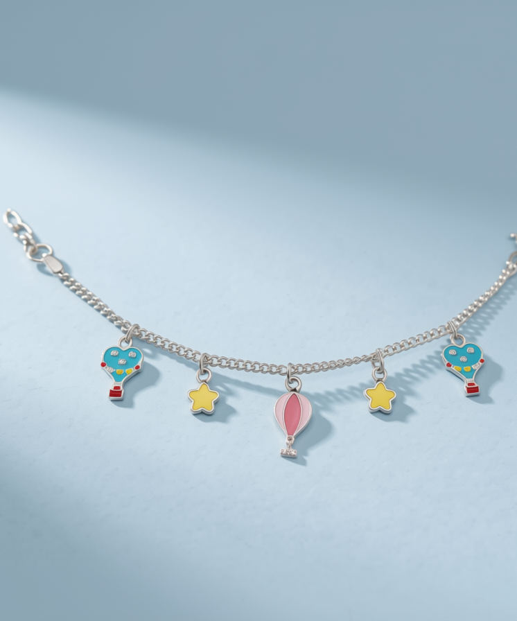 Hot Air Balloon & Stars Enamel Charm Bracelet in 925 Sterling Silver | Adjustable Jewelry for Babies & Kids | Colorful Hand-Painted Charms