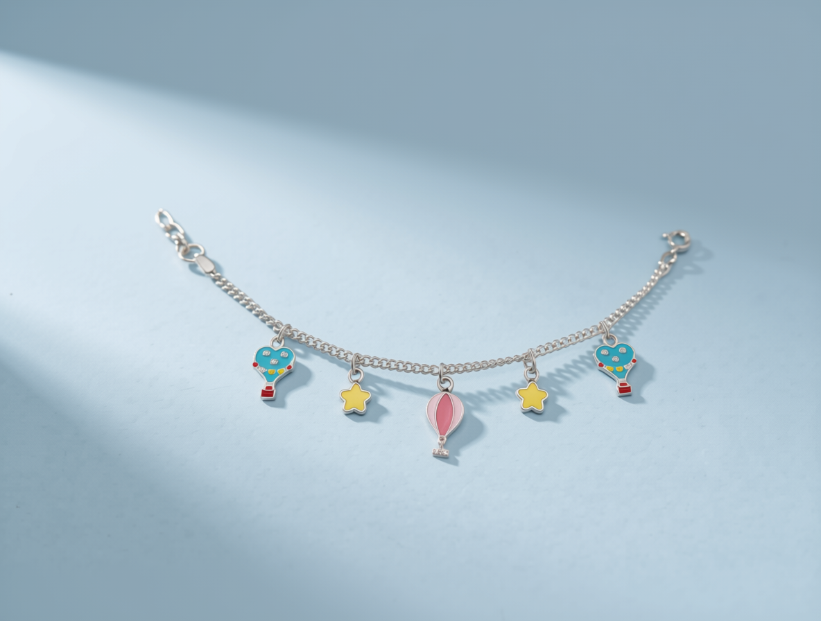Hot Air Balloon & Stars Enamel Charm Bracelet in 925 Sterling Silver | Adjustable Jewelry for Babies & Kids | Colorful Hand-Painted Charms