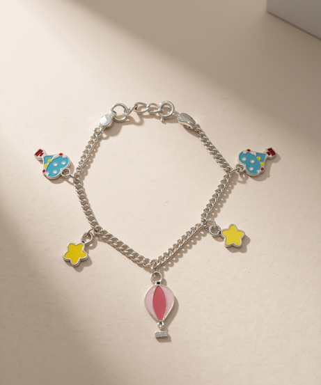 Hot Air Balloon & Stars Enamel Charm Bracelet in 925 Sterling Silver | Adjustable Jewelry for Babies & Kids | Colorful Hand-Painted Charms