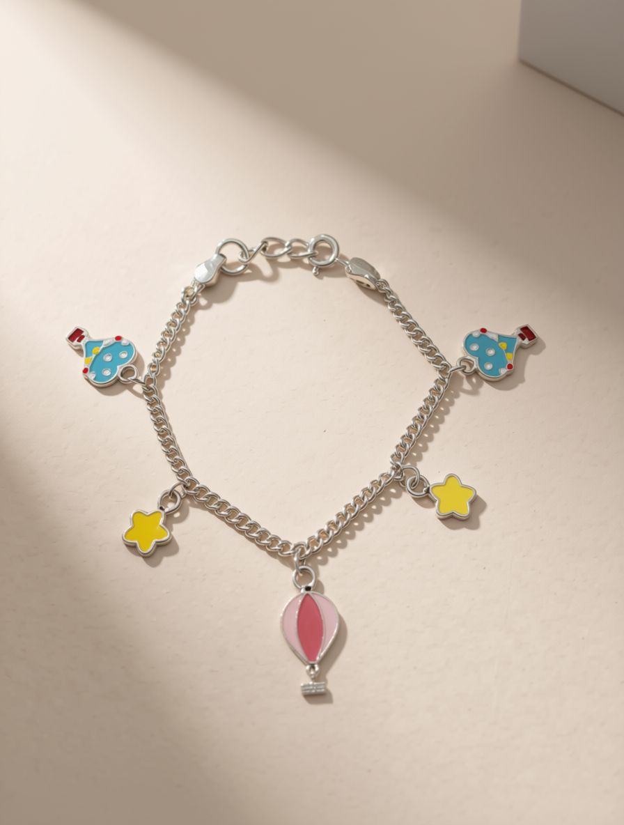Hot Air Balloon & Stars Enamel Charm Bracelet in 925 Sterling Silver | Adjustable Jewelry for Babies & Kids | Colorful Hand-Painted Charms