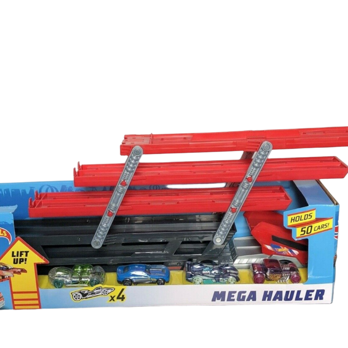 Hot Wheels Mega Hauler Truck Vehicle with 4 Multicolor Cars - Can Holds up to 50 Cars