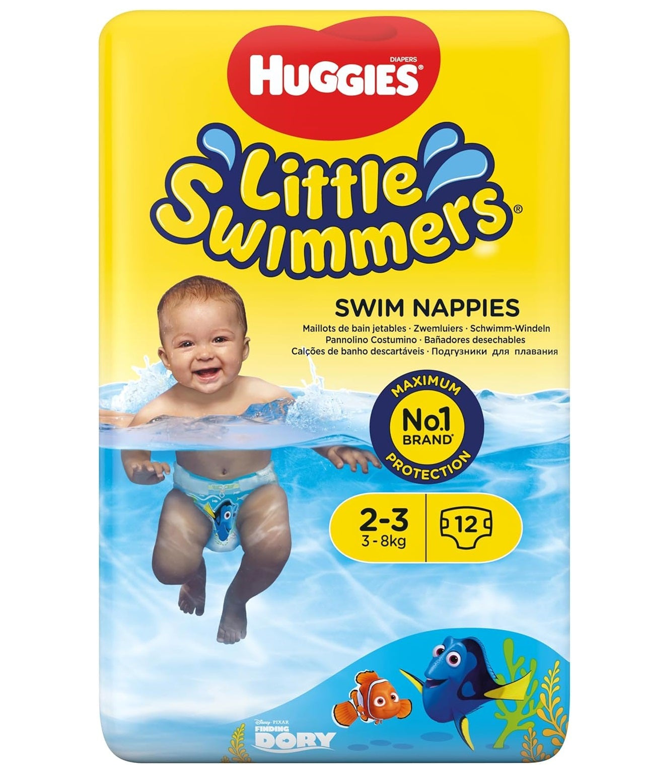Huggies Little Swimmers Disney Pixar Finding Dory Baby Swim Diapers – Size 2-3 (3-8 kg) | Pack of 12 Swim Pants | Specially Designed for Water Play with Leak Guard & Easy Tear Sides - MINIMEE KIDS