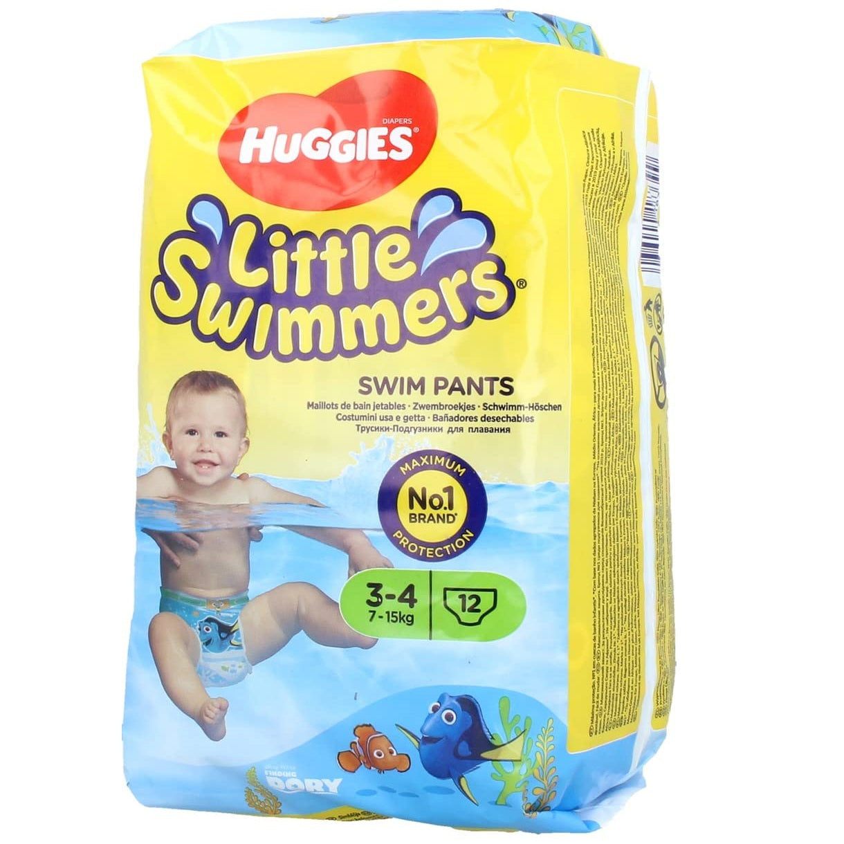 Huggies Little Swimmers Disney Pixar Finding Dory Baby Swim Diapers – Size 3-4 (7-15 kg) | Pack of 12 Swim Pants | Leak-Proof, Non-Swelling Swim Nappies with Tear-Away Sides
