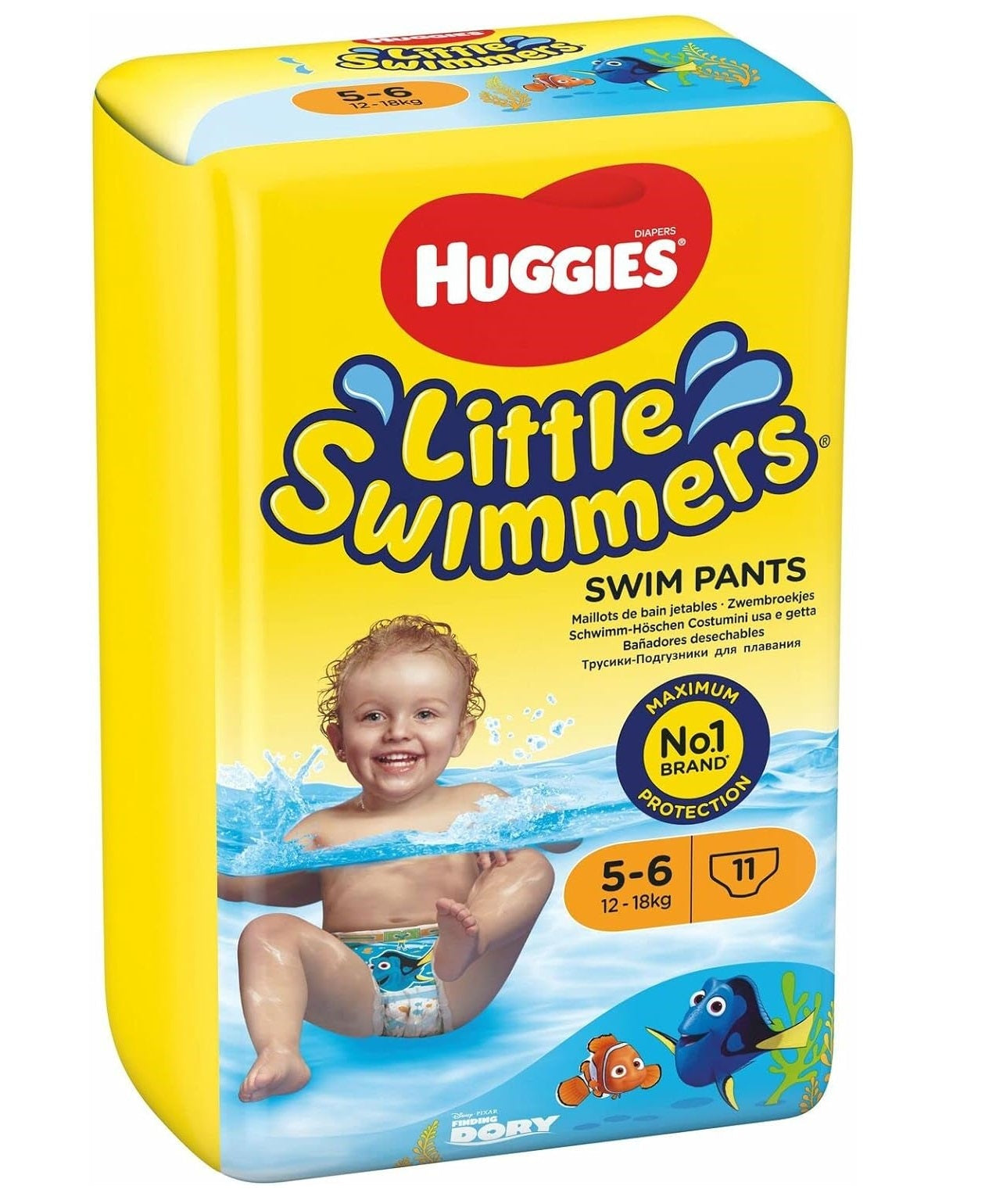 Huggies Little Swimmers Disney Pixar Finding Dory Baby Swim Diapers – Size 5-6 (12–18 kg) | Pack of 11 Swim Pants | Waterproof Disposable Swim Nappies with Tear-Away Sides & Leak Protection