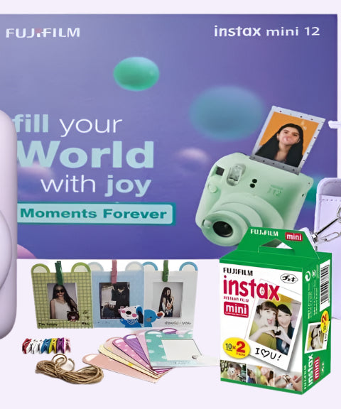 Fujifilm Instax Mini 12 Moments Forever Box Set – Instant Camera with 20 Glossy Films, Selfie Mirror, Close-Up Lens & Accessories | Includes Bunting & Carry Case | Perfect Gift for Capturing Memories