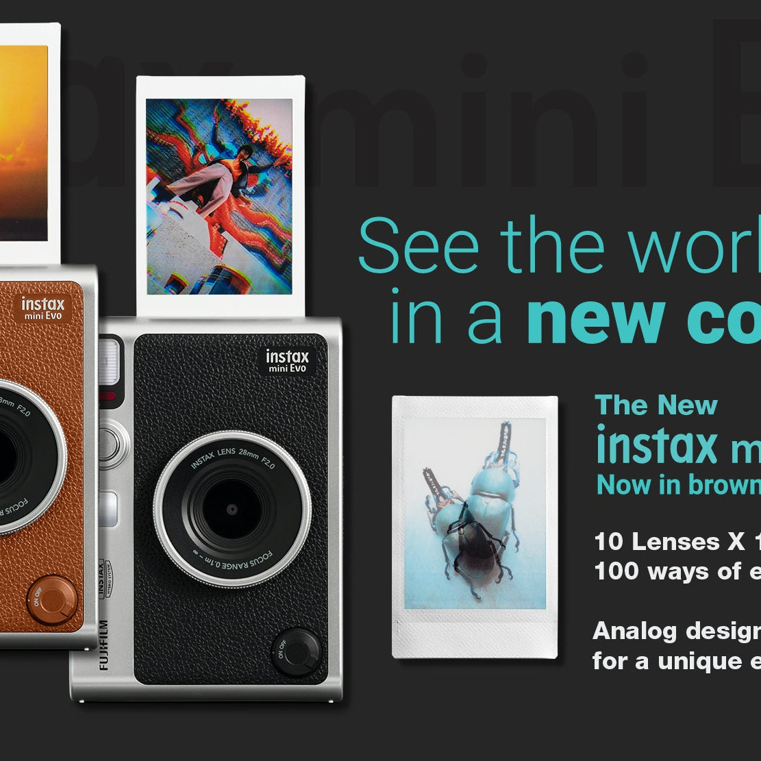 Fujifilm Instax Mini Evo Premium Hybrid Camera + Instant Printer | 100 Photo Styles with Lens & Film Effects | Direct Print from Smartphone | Black & Brown Variants with Film Bundle
