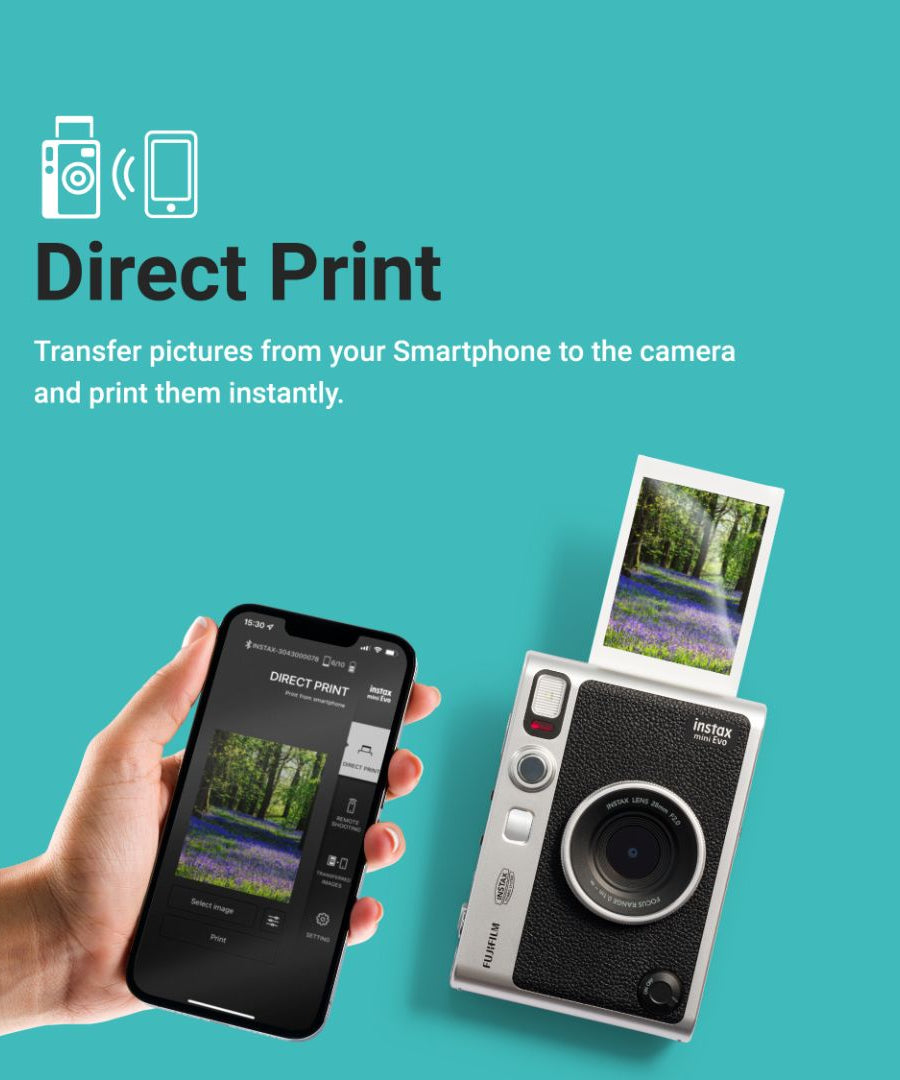 Fujifilm Instax Mini Evo Premium Hybrid Camera + Instant Printer | 100 Photo Styles with Lens & Film Effects | Direct Print from Smartphone | Black & Brown Variants with Film Bundle - MINIMEE KIDS