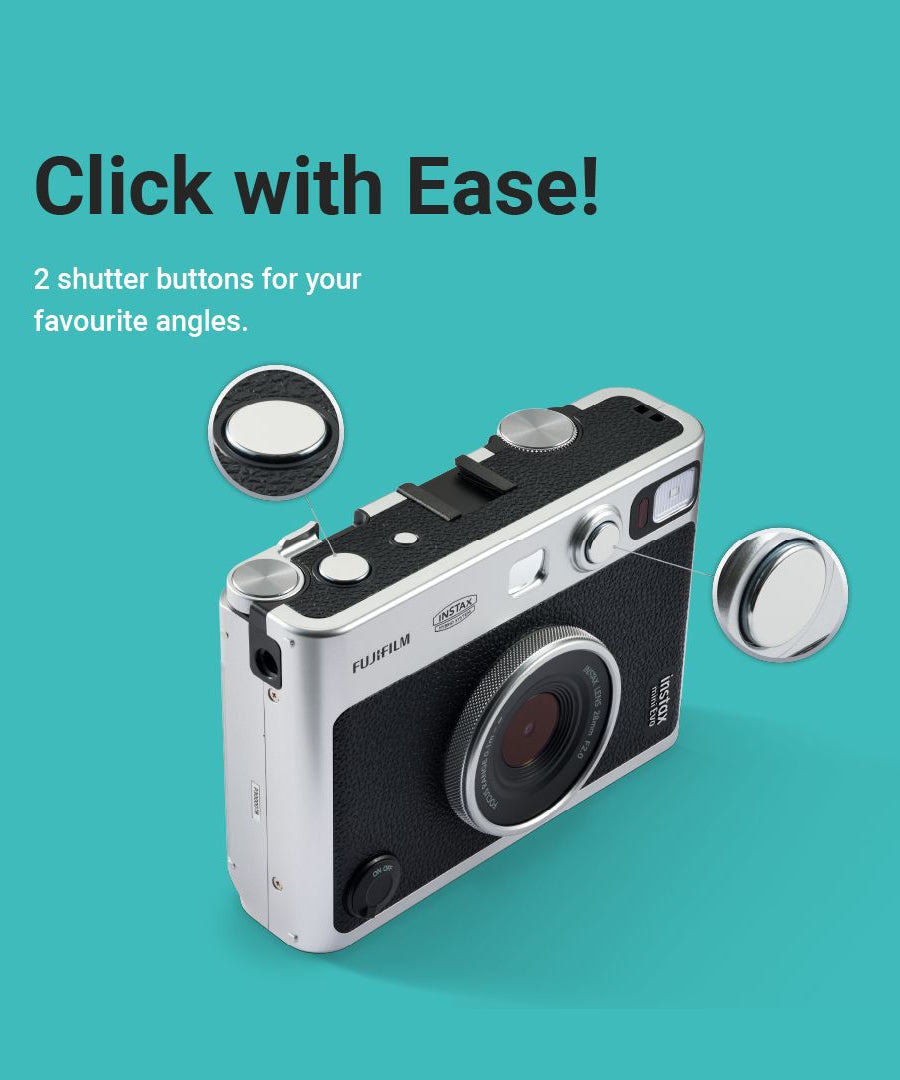 Fujifilm Instax Mini Evo Premium Hybrid Camera + Instant Printer | 100 Photo Styles with Lens & Film Effects | Direct Print from Smartphone | Black & Brown Variants with Film Bundle - MINIMEE KIDS