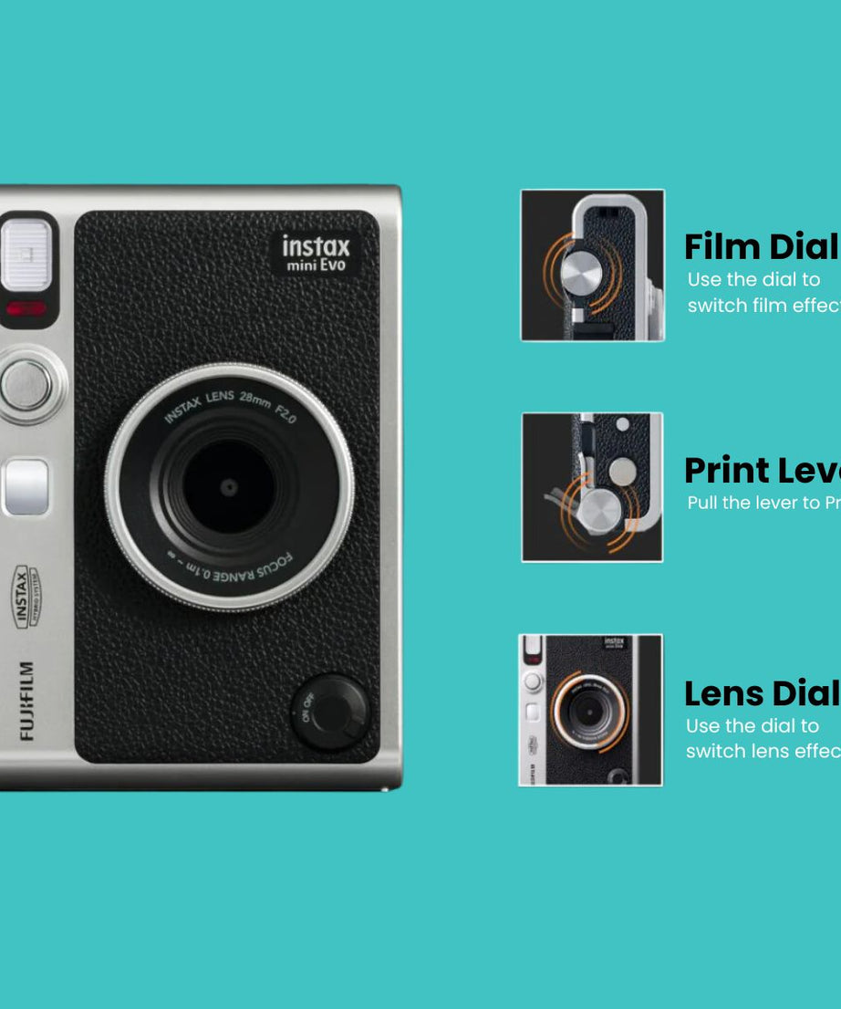 Fujifilm Instax Mini Evo Premium Hybrid Camera + Instant Printer | 100 Photo Styles with Lens & Film Effects | Direct Print from Smartphone | Black & Brown Variants with Film Bundle - MINIMEE KIDS
