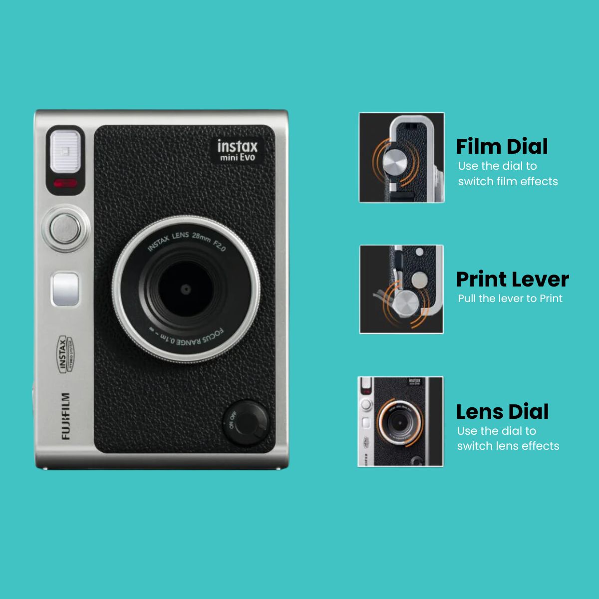 Fujifilm Instax Mini Evo Premium Hybrid Camera + Instant Printer | 100 Photo Styles with Lens & Film Effects | Direct Print from Smartphone | Black & Brown Variants with Film Bundle