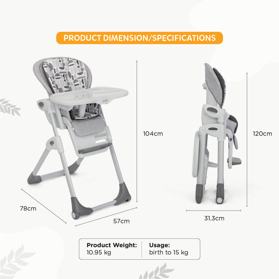 Joie Mimzy Recline Baby High Chair with 5-Position Recline, 7 Adjustable Heights & Foldable Design | Newborn to Toddler Convertible Feeding Chair up to 15kg - Logan