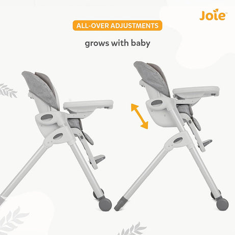 Joie Mimzy Recline High Chair - 7 Height Levels & 5 Recline Angles | Foldable Feeding Chair for Babies & Toddlers (0–15kg) | Elephant Duo Pattern
