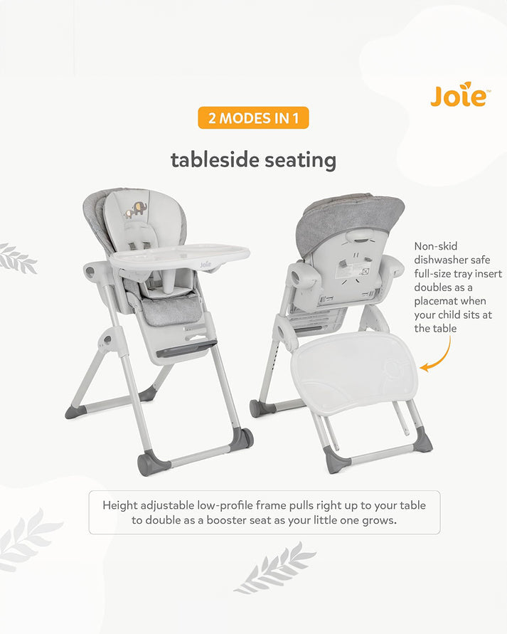 Joie Mimzy Recline High Chair - 7 Height Levels & 5 Recline Angles | Foldable Feeding Chair for Babies & Toddlers (0–15kg) | Elephant Duo Pattern