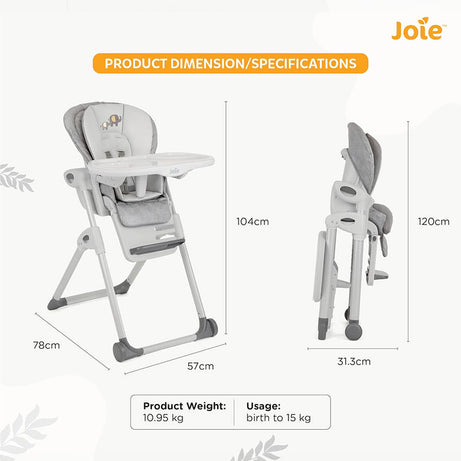 Joie Mimzy Recline High Chair - 7 Height Levels & 5 Recline Angles | Foldable Feeding Chair for Babies & Toddlers (0–15kg) | Elephant Duo Pattern