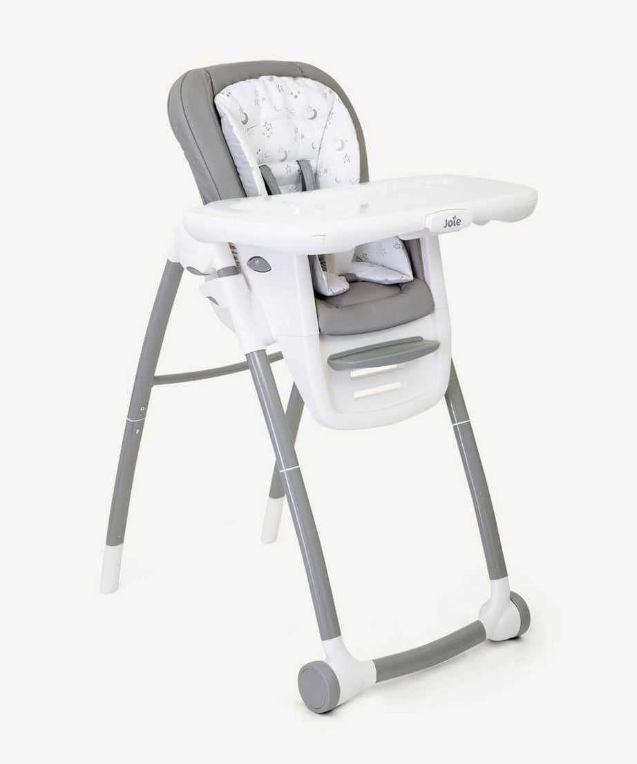 Gray and white high chair on a white background