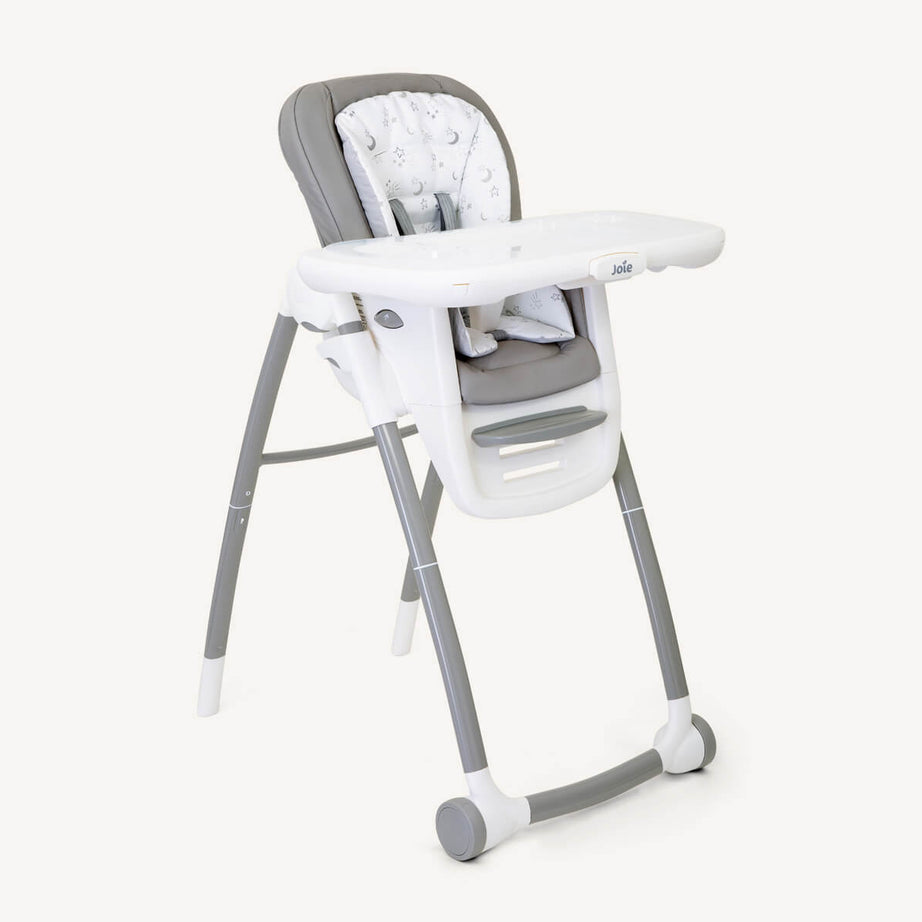 Gray and white high chair on a white background