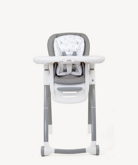 Baby high chair with gray cushion and white base on a white background, featuring a warranty badge.