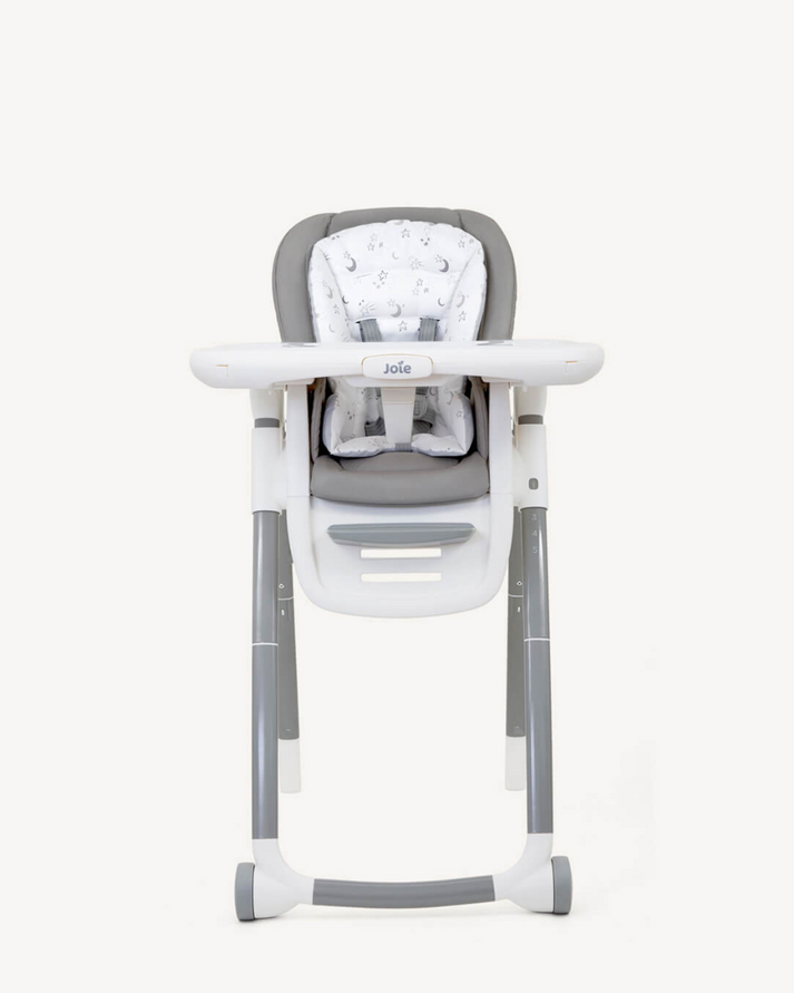 Baby high chair with gray cushion and white base on a white background, featuring a warranty badge.