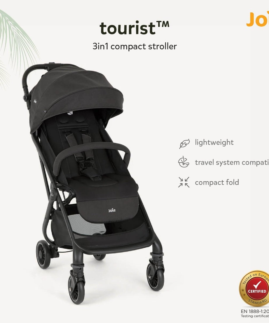 Joie Tourist Lightweight Baby Stroller – Flat Reclining Seat | One-Hand Fold | Travel System Compatible with Rain Cover, Travel Bag & Adapters | Lightweight Stroller for 0 to 3 Years (Upto 15Kg) – Shale - MINIMEE KIDS