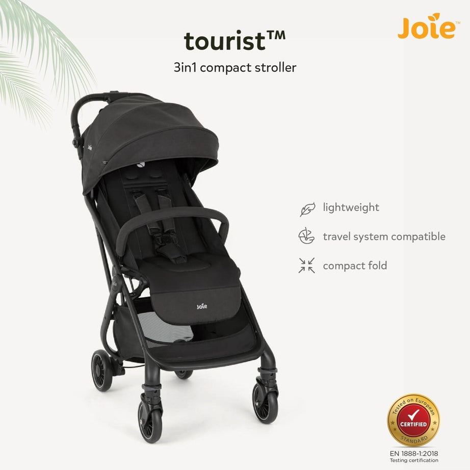 Joie Tourist Lightweight Baby Stroller – Flat Reclining Seat | One-Hand Fold | Travel System Compatible with Rain Cover, Travel Bag & Adapters | Lightweight Stroller for 0 to 3 Years (Upto 15Kg) – Shale