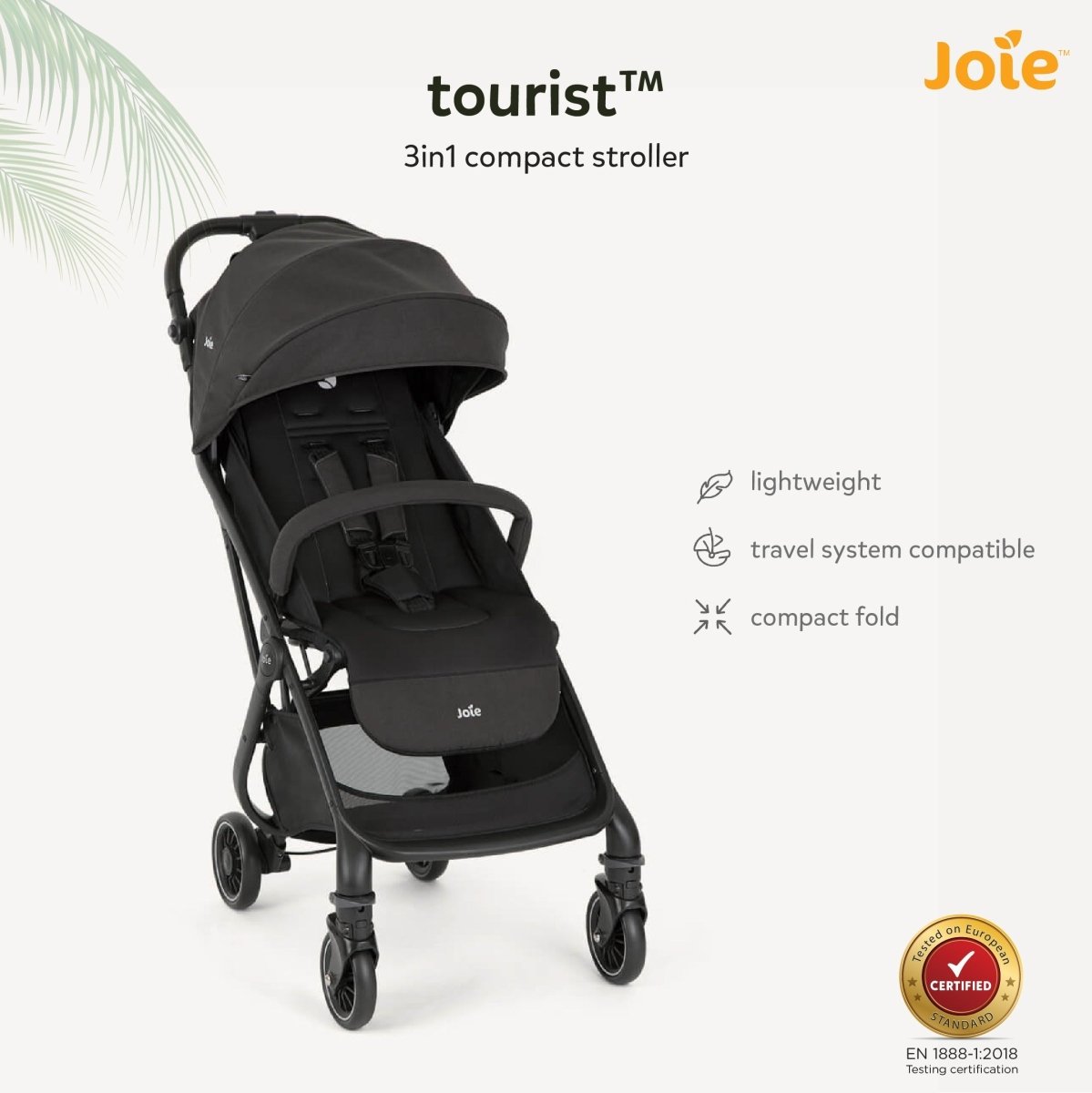 Joie Tourist Lightweight Baby Stroller – Flat Reclining Seat | One-Hand Fold | Travel System Compatible with Rain Cover, Travel Bag & Adapters | Lightweight Stroller for 0 to 3 Years (Upto 15Kg) – Shale