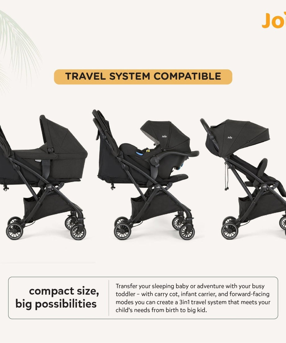 Joie Tourist Lightweight Baby Stroller – Flat Reclining Seat | One-Hand Fold | Travel System Compatible with Rain Cover, Travel Bag & Adapters | Lightweight Stroller for 0 to 3 Years (Upto 15Kg) – Shale - MINIMEE KIDS