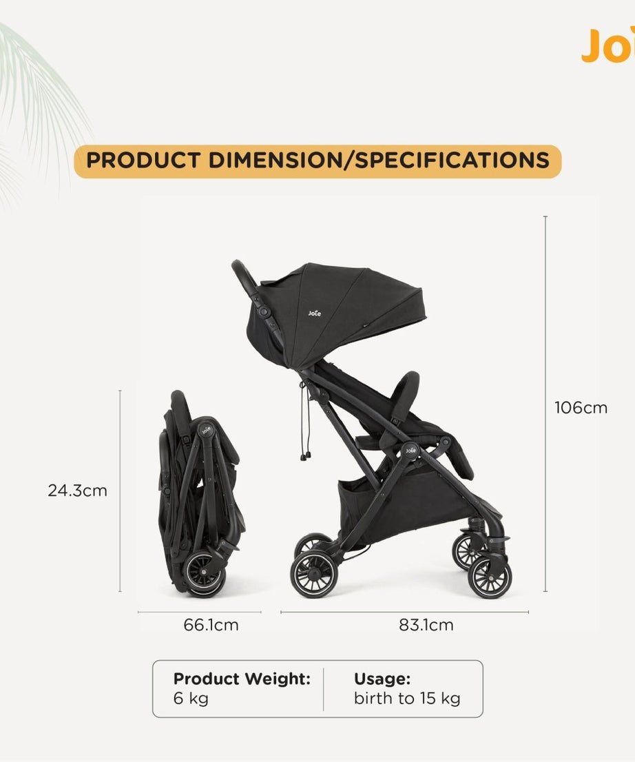 Joie Tourist Lightweight Baby Stroller – Flat Reclining Seat | One-Hand Fold | Travel System Compatible with Rain Cover, Travel Bag & Adapters | Lightweight Stroller for 0 to 3 Years (Upto 15Kg) – Shale - MINIMEE KIDS