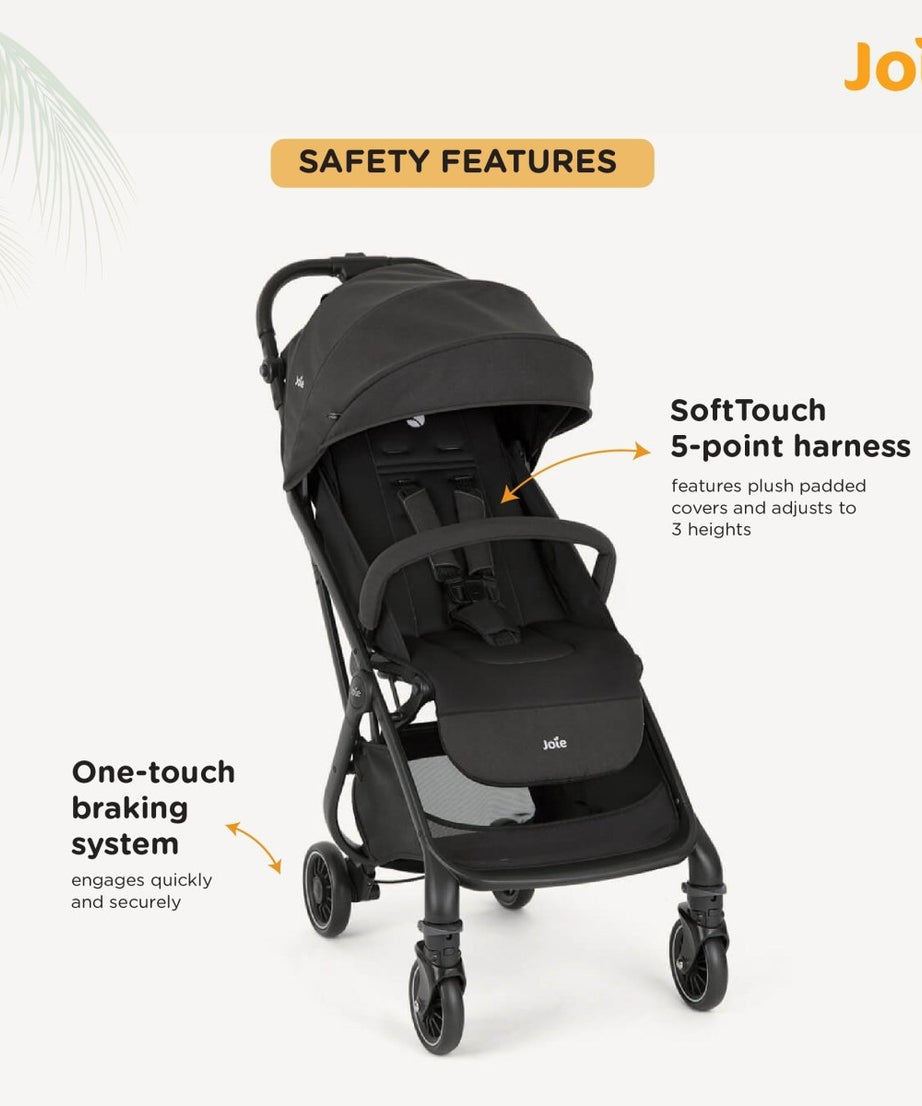 Joie Tourist Lightweight Baby Stroller – Flat Reclining Seat | One-Hand Fold | Travel System Compatible with Rain Cover, Travel Bag & Adapters | Lightweight Stroller for 0 to 3 Years (Upto 15Kg) – Shale - MINIMEE KIDS