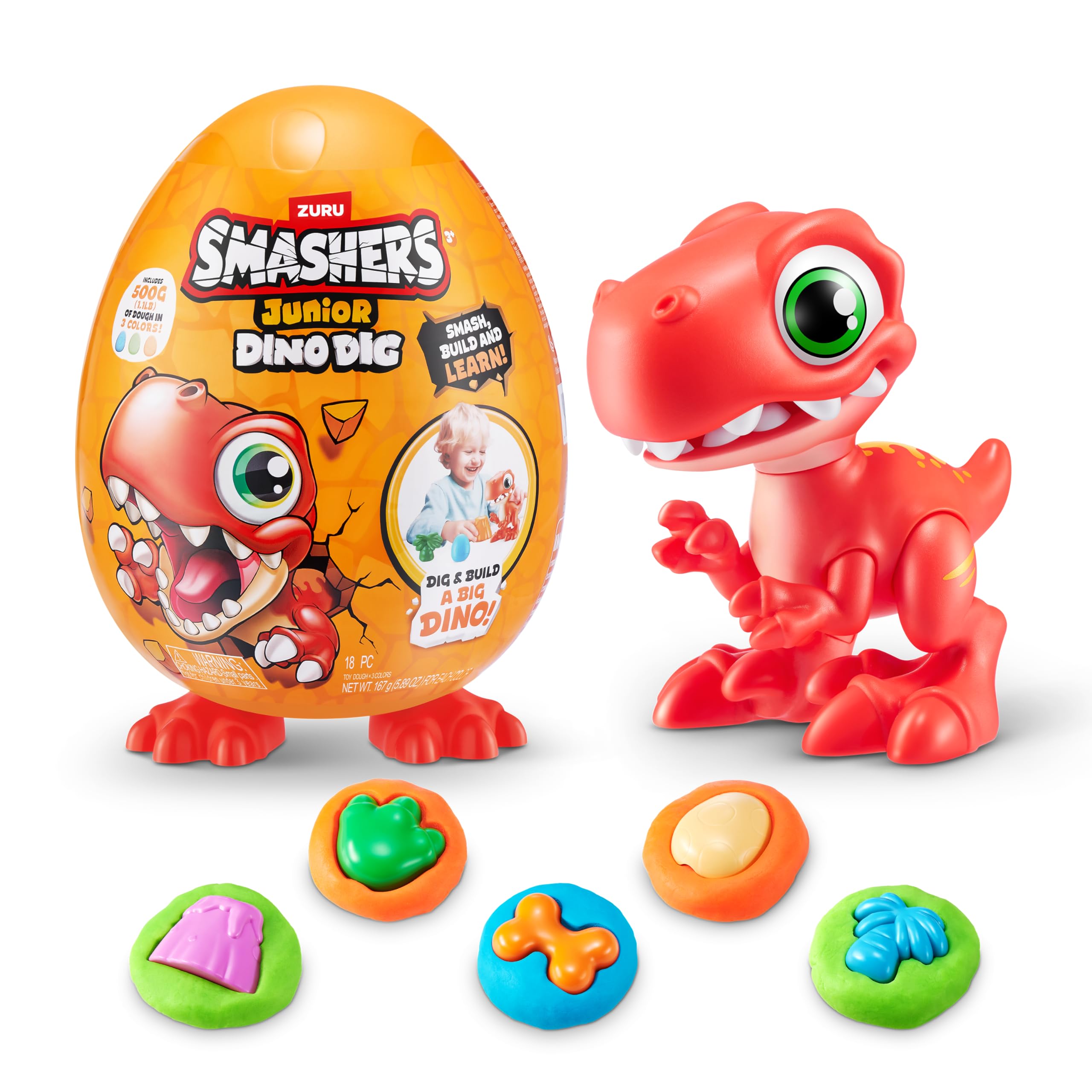 Zuru Smashers Junior Dino Dig Egg - Mold & Make a Dino World - Smash, Build & Learn - 25pc Toy Dough Set with 4 Colors (250g Each)