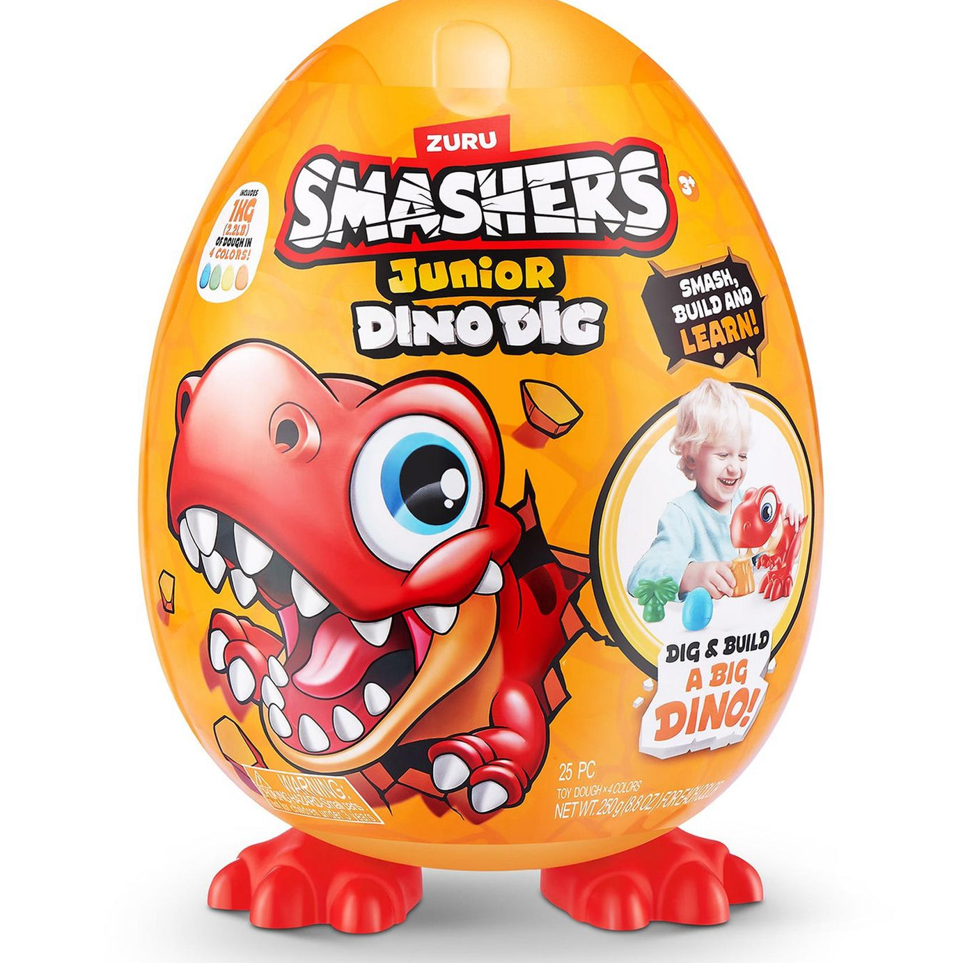 Zuru Smashers Junior Dino Dig Egg - Mold & Make a Dino World - Smash, Build & Learn - 25pc Toy Dough Set with 4 Colors (250g Each)