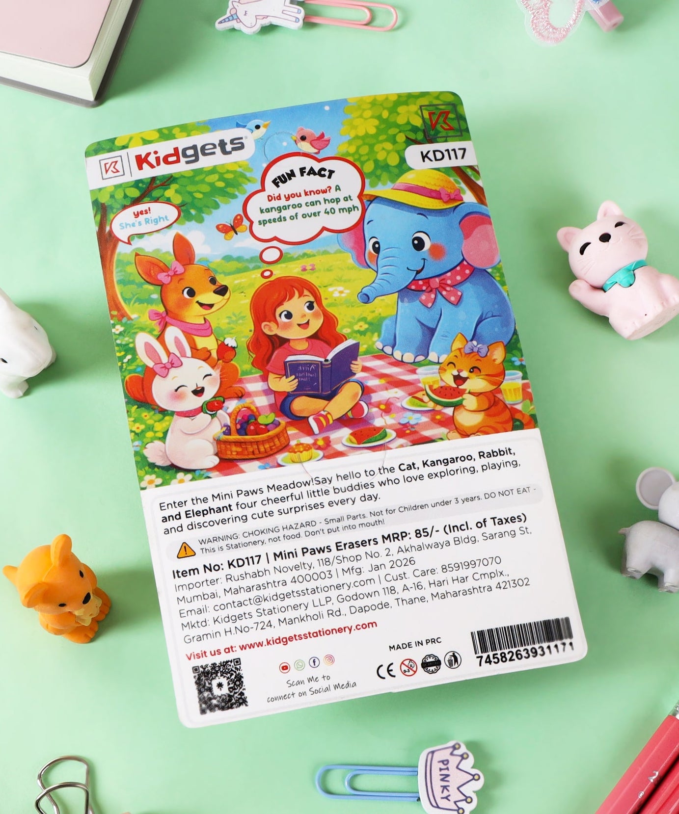 Kidgets KD117 Mini Paws 3D Animal Eraser Set | 4-Piece Cute Jungle & Domestic Animal Stationery Kit | Fun Collectible Puzzle Erasers for Kids