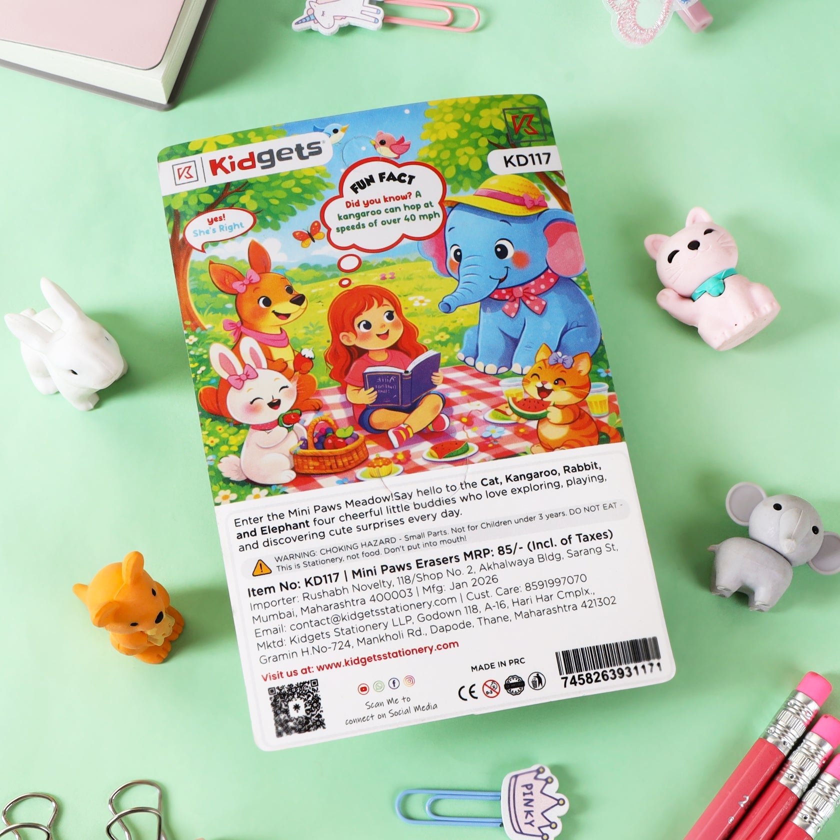 Kidgets KD117 Mini Paws 3D Animal Eraser Set | 4-Piece Cute Jungle & Domestic Animal Stationery Kit | Fun Collectible Puzzle Erasers for Kids