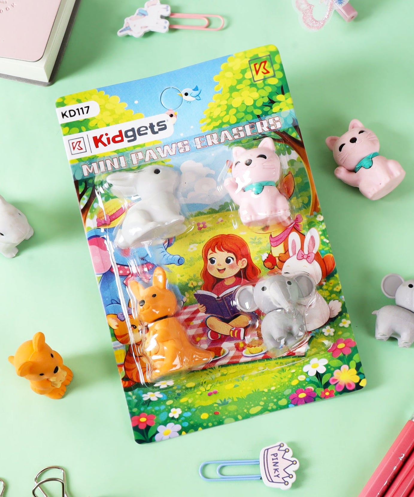 Kidgets KD117 Mini Paws 3D Animal Eraser Set | 4-Piece Cute Jungle & Domestic Animal Stationery Kit | Fun Collectible Puzzle Erasers for Kids