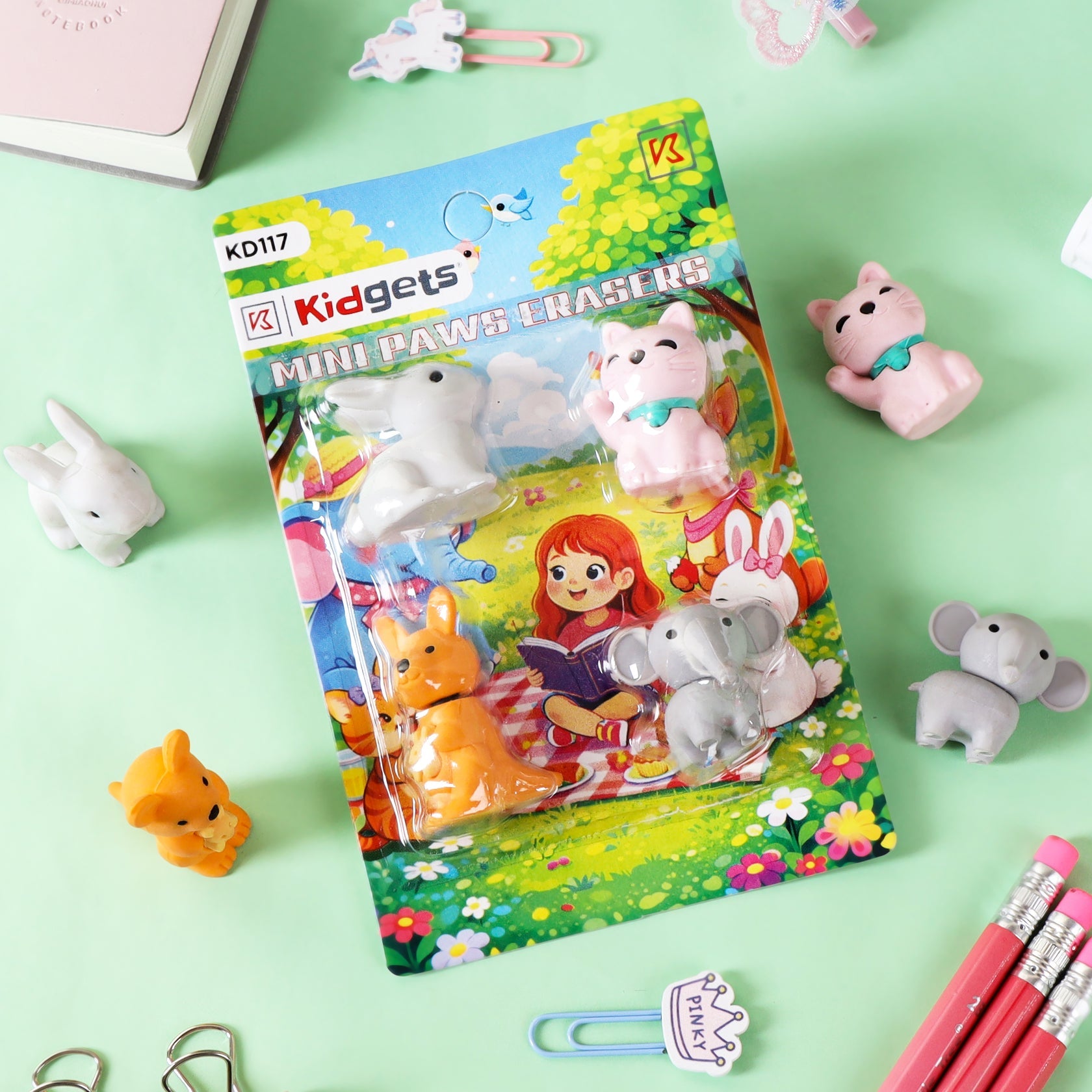 Kidgets KD117 Mini Paws 3D Animal Eraser Set | 4-Piece Cute Jungle & Domestic Animal Stationery Kit | Fun Collectible Puzzle Erasers for Kids